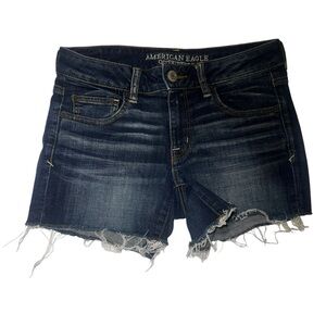 American Eagle Outfitters Dark Blue Frayed Jean Shorts